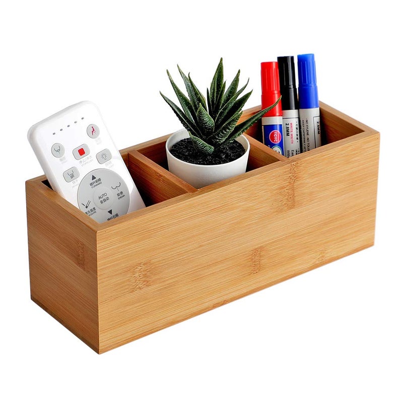 YOSCO Bamboo Wood Pens Pencils Holder Cup for Desk Remote Control Holder  Caddy Organizer Desktop Storage with 3 Compartments Multiuse for Store TV Remotes Game Console Phones Office Supplies (3 Grid) - Image 1